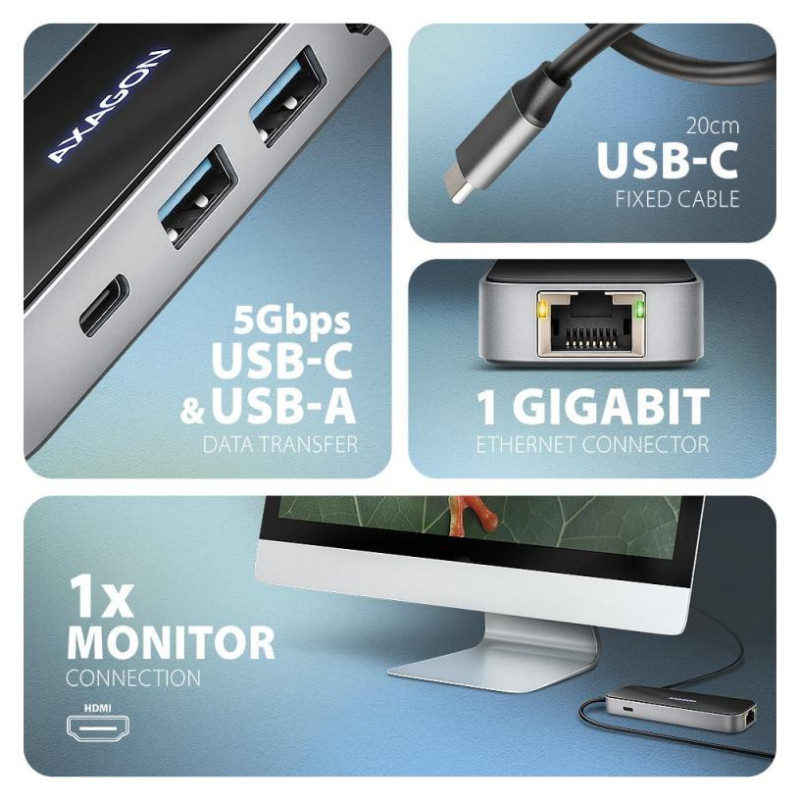 Axagon HMC-6GLN 2x USB-A 5Gbps, 1x USB-C 5Gbps, 4K/60Hz HDMI, RJ-45, USB 3.2 Gen 1 hub, PD 100W, 20cm USB-C cable