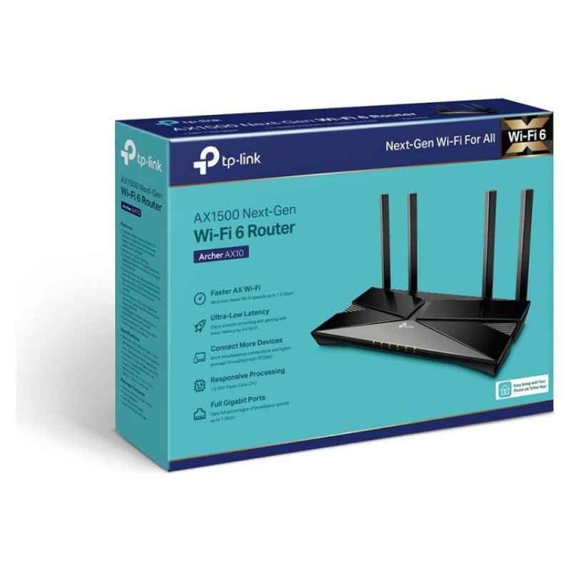 Tp-Link Wireless Router|TP-LINK|Wireless Router|1500 Mbps|Wi-Fi 6|IEEE 802.11a|IEEE 802.11 b/g|IEEE 802.11n|IEEE 802.11ac|IEEE 802.11ax|1 WAN|4x10/100/1000M|Number of antennas 4|ARCHERAX10