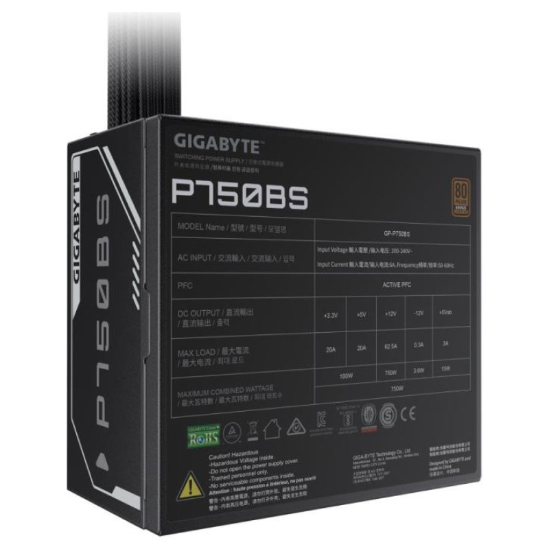 Gigabyte Power Supply|GIGABYTE|GP-P750BS|750 Watts|Efficiency 80 PLUS BRONZE|PFC Active|MTBF 100000 hours|GP-P750BS