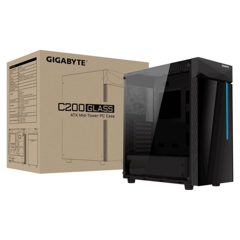 Gigabyte Case|GIGABYTE|C200 GLASS|MidiTower|Not included|ATX|MicroATX|MiniITX|Colour Black|GB-C200G