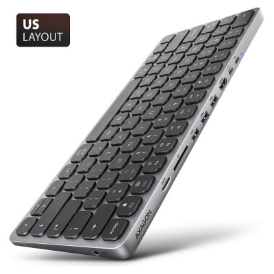 Axagon HMC-KB keyboard USB-C 5Gbps with HUB, microSD/SD, 3x USB-A, HDMI 4K/60Hz, PD 100W, Audio, US layout