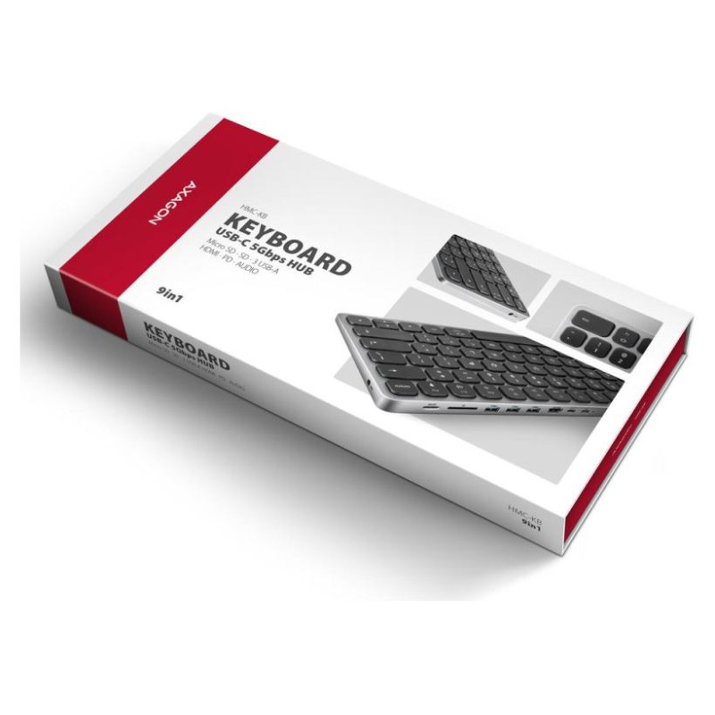 Axagon HMC-KB keyboard USB-C 5Gbps with HUB, microSD/SD, 3x USB-A, HDMI 4K/60Hz, PD 100W, Audio, US layout
