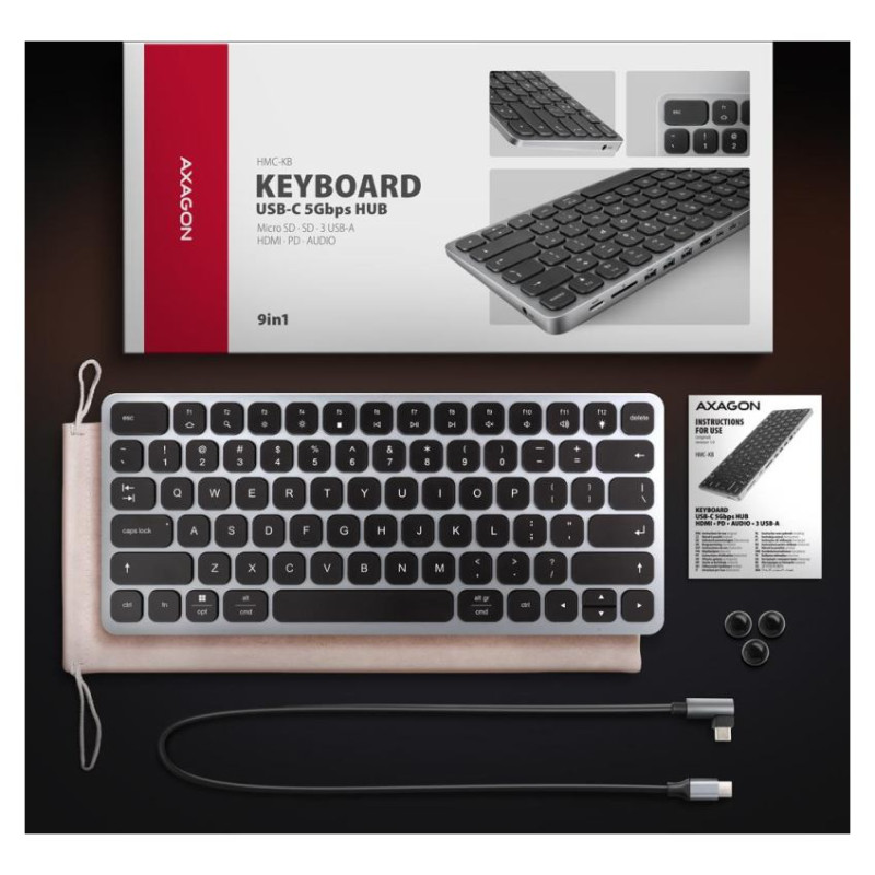 Axagon HMC-KB keyboard USB-C 5Gbps with HUB, microSD/SD, 3x USB-A, HDMI 4K/60Hz, PD 100W, Audio, US layout