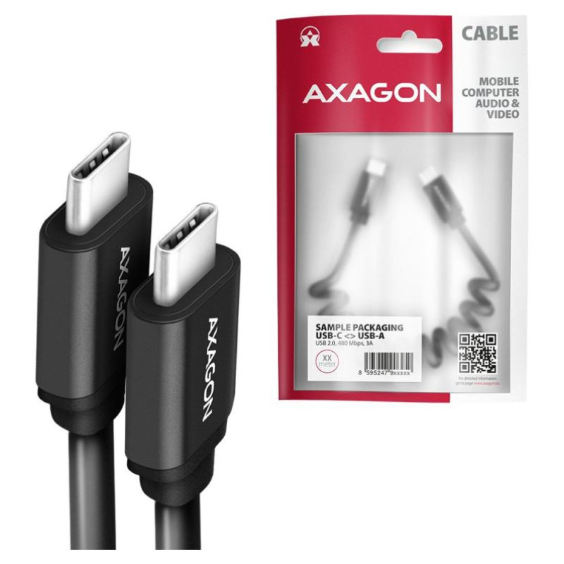 Axagon Data and charging USB 2.0 cable 1.1 m long. PD 60W, 3A. Black twisted.