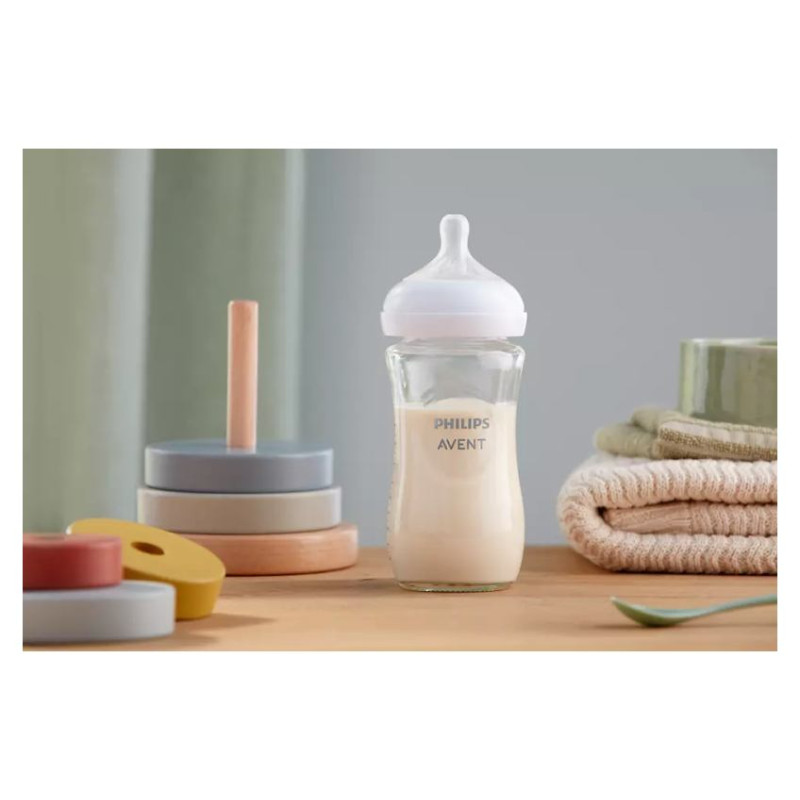 Philips Avent Natural Response stikla zīdaiņu pudelīte 240 ml, vidējas plūsmas knupītis 1m+ - SCY933/01