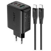 Acefast 2in1 wall charger 2x USB-C / USB-A 65W, PD, QC 3.0, AFC, FCP (set with USB-C 1.2m cable) black (A13 black)