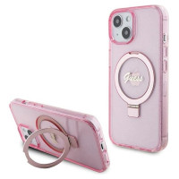 Guess Ring Stand Script Glitter MagSafe case for iPhone 15 Plus / 14 Plus - pink
