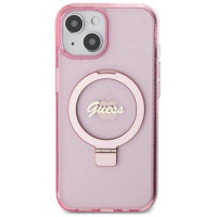Guess Ring Stand Script Glitter MagSafe case for iPhone 15 Plus / 14 Plus - pink