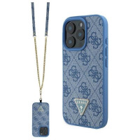 Guess Leather Metal Logo Strass Crossbody Case for iPhone 16 Pro Max - Blue