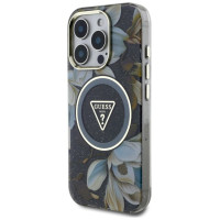 Guess Glitter Flowers Triangle Buttons MagSafe case for iPhone 16 Pro Max black