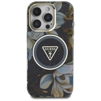 Guess Glitter Flowers Triangle Buttons MagSafe case for iPhone 16 Pro Max black