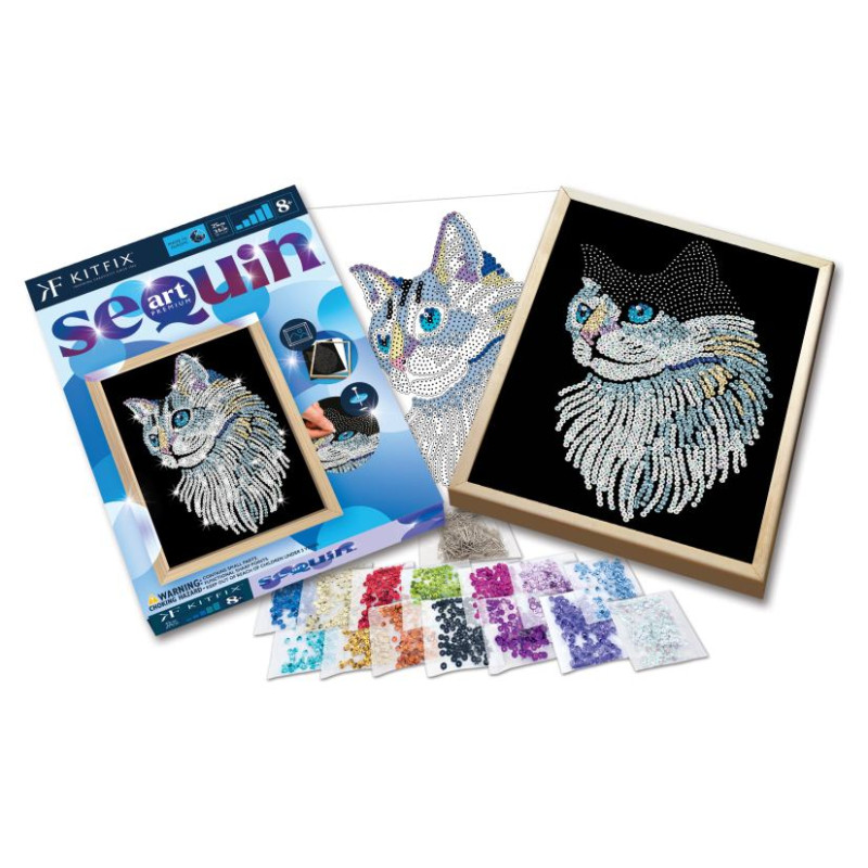 Kitfix Amatniecības komplekts Sequin Art Blue Premium spīdumiņu māksla, Balts kaķis