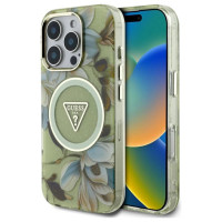 Guess Glitter Flowers Triangle Buttons MagSafe case for iPhone 16 Pro green