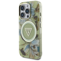 Guess Glitter Flowers Triangle Buttons MagSafe case for iPhone 16 Pro green