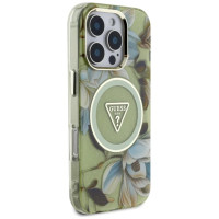 Guess Glitter Flowers Triangle Buttons MagSafe case for iPhone 16 Pro green