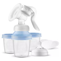 Philips Avent Lotus manuālais krūts piena sūknis ar trauciņiem piena/ēdiena uzglabāšanai (3 gab., + adapteris) - SCF430/13