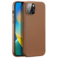 Dux Ducis Grit Leather Case for iPhone 14 Elegant Faux Leather Cover (MagSafe Compatible) Brown