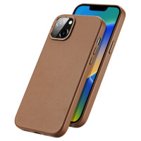 Dux Ducis Grit Leather Case for iPhone 14 Elegant Faux Leather Cover (MagSafe Compatible) Brown