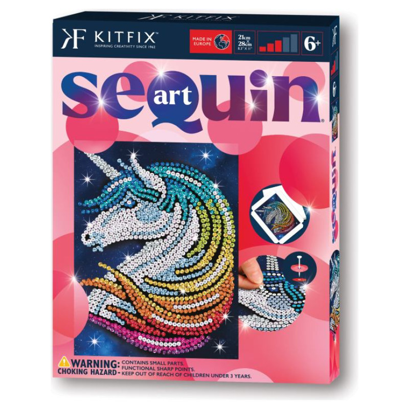 Kitfix Amatniecības komplekts Sequin Art Red spīdumiņu māksla, Vienradzis ar zvaigznītēm