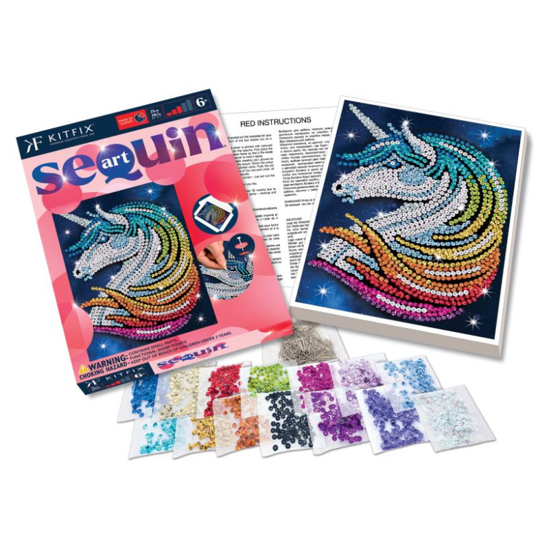 Kitfix Amatniecības komplekts Sequin Art Red spīdumiņu māksla, Vienradzis ar zvaigznītēm