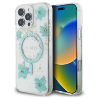 Guess Resin Flowers Glitter MagSafe iPhone 16 Pro Max Case - Clear Green