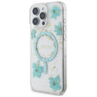 Guess Resin Flowers Glitter MagSafe iPhone 16 Pro Max Case - Clear Green