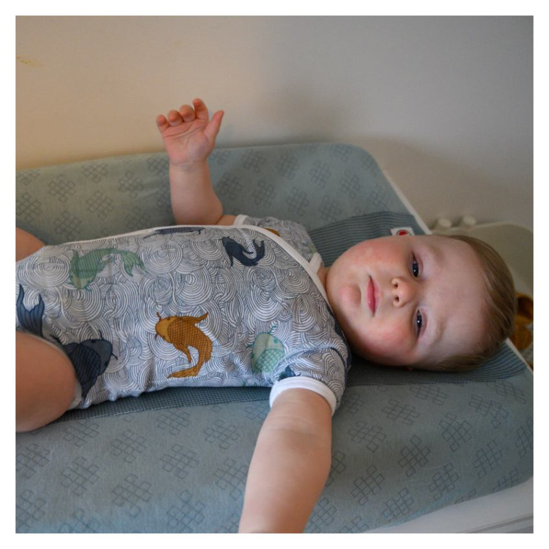 Lodger Romper Empire Fish kokvilnas bodijs ar īsām piedurknēm, Dusty turqoise, 68 cm - RF 081_68