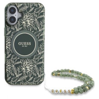 Guess IML Flowers Allover Electro With Pearl Strap MagSafe case for iPhone 16 Plus - green