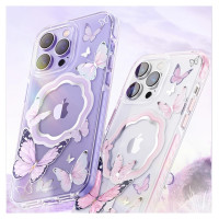 Kingxbar Butterfly Series magnetic case for iPhone 14 Plus MagSafe case with butterflies pink