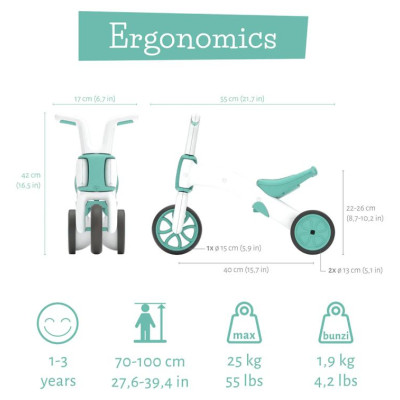 Chillafish Bunzi līdzsvara velosipēds - transformers pa&scaron;iem mazākajiem 2-in-1, mint, no 1 līdz 3 gadiem - CPBN03MIN