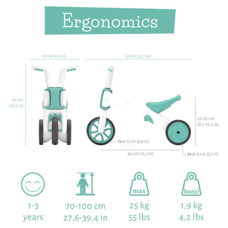 Chillafish Bunzi līdzsvara velosipēds - transformers pa&scaron;iem mazākajiem 2-in-1, mint, no 1 līdz 3 gadiem - CPBN03MIN