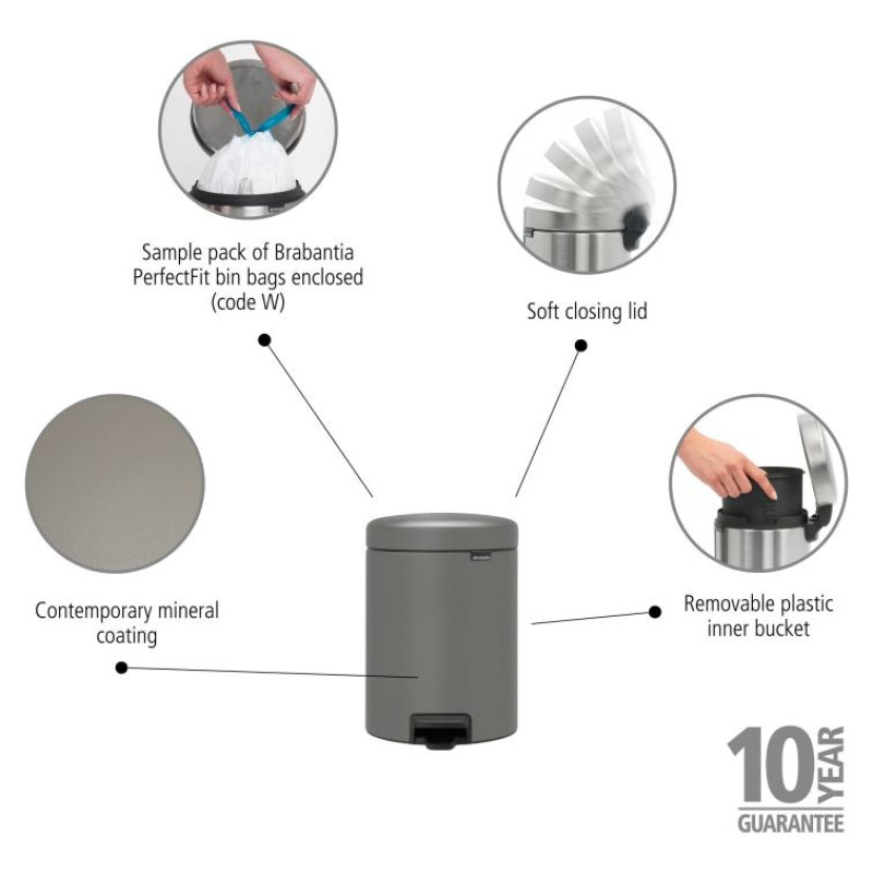 Brabantia atkritumu tvertne ar pedāli NewIcon, 5L, Mineral Concrete Grey - 126284