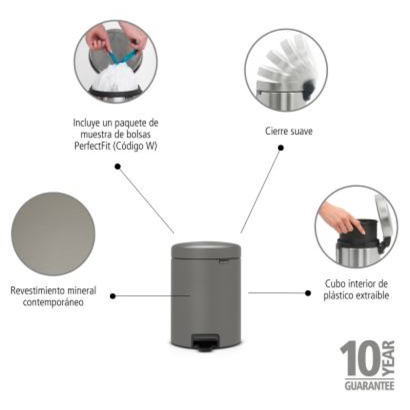 Brabantia atkritumu tvertne ar pedāli NewIcon, 5L, Mineral Concrete Grey - 126284