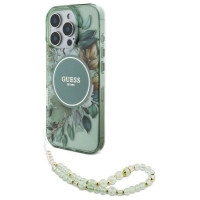 Guess IML Flowers With Pearl Strap MagSafe case for iPhone 16 Pro - green