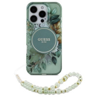 Guess IML Flowers With Pearl Strap MagSafe case for iPhone 16 Pro - green