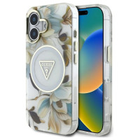 Guess Glitter Flowers Triangle Buttons MagSafe case for iPhone 16 white