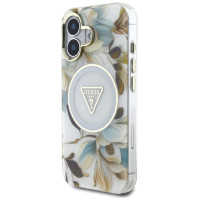 Guess Glitter Flowers Triangle Buttons MagSafe case for iPhone 16 white