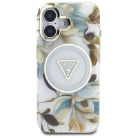 Guess Glitter Flowers Triangle Buttons MagSafe case for iPhone 16 white