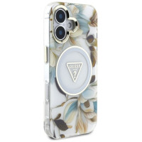 Guess Glitter Flowers Triangle Buttons MagSafe case for iPhone 16 white