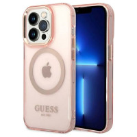 Guess GUHMP14XHTCMP iPhone 14 Pro Max 6.7" pink/pink hard case Gold Outline Translucent MagSafe