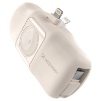 Wozinsky WF16-YLS 5000mAh 15W Lightning Mini Power Bank with Built-in USB-C Cable and Apple Watch Charger - Beige