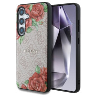 Guess Leather 4G Flowers Print Metal Classic Logo MagSafe Case for Samsung Galaxy S25 - Pink