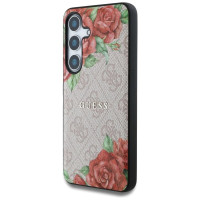 Guess Leather 4G Flowers Print Metal Classic Logo MagSafe Case for Samsung Galaxy S25 - Pink