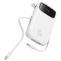 Baseus QPow 2 20000mAh 30W Power Bank with 2 Built-in USB-C Cables - White