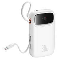 Baseus QPow 2 20000mAh 30W Power Bank with 2 Built-in USB-C Cables - White