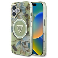 Guess Glitter Flowers Triangle Buttons MagSafe case for iPhone 16 green