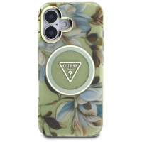 Guess Glitter Flowers Triangle Buttons MagSafe case for iPhone 16 green