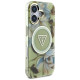 Guess Glitter Flowers Triangle Buttons MagSafe case for iPhone 16 green