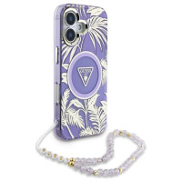 Guess Palm Trees Triangle Pearl Strap MagSafe case for iPhone 16 purple