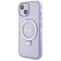 Guess Ring Stand Script Glitter MagSafe case for iPhone 15 Plus / 14 Plus - purple
